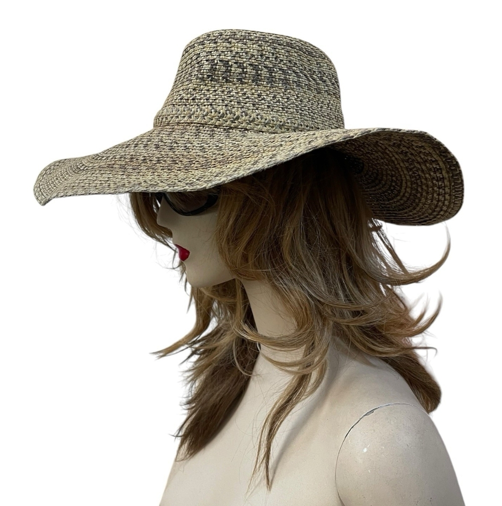 David & Young Wide Brim Floppy Sun Hat Paper Straw Mixed Tweed Natural Gray VG - Picture 7 of 9